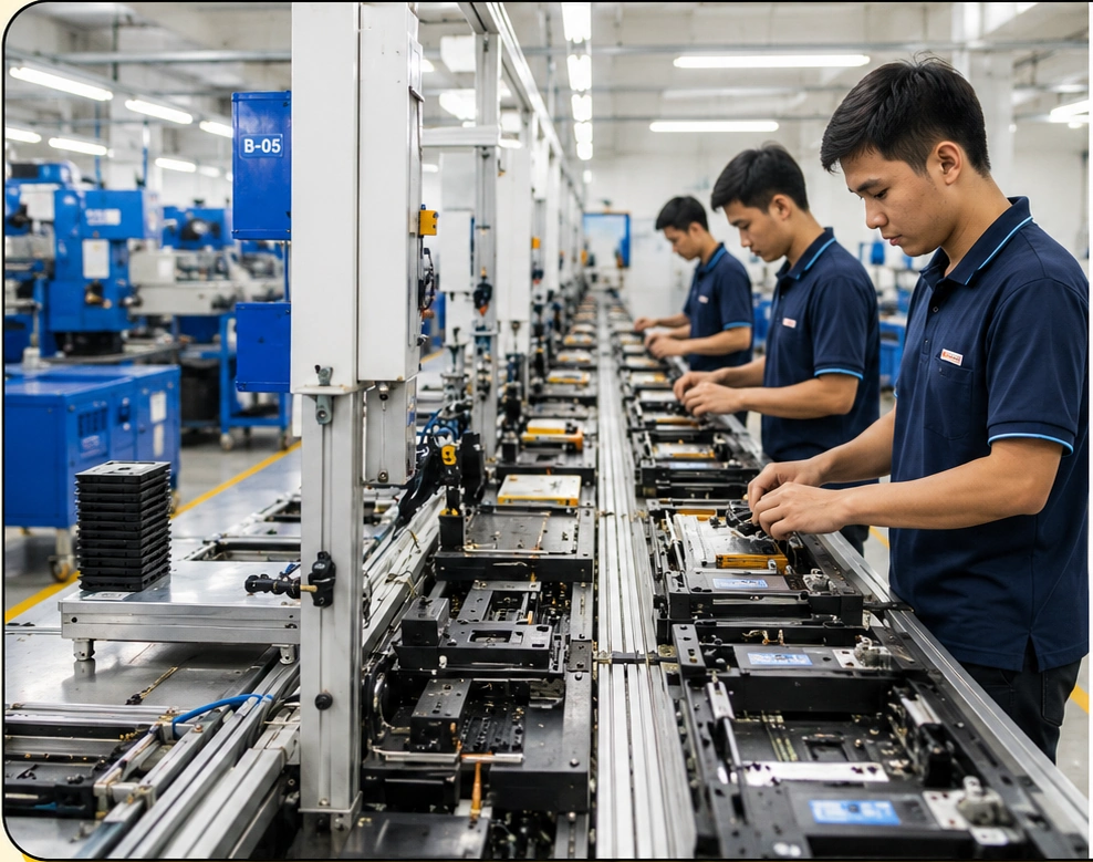 Ilustrasi operator produksi di fasilitas manufaktur modern