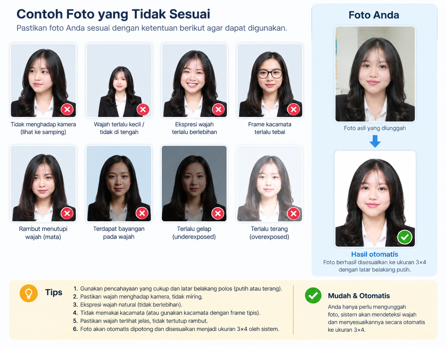 Contoh foto 3x4 yang sesuai dan tidak sesuai